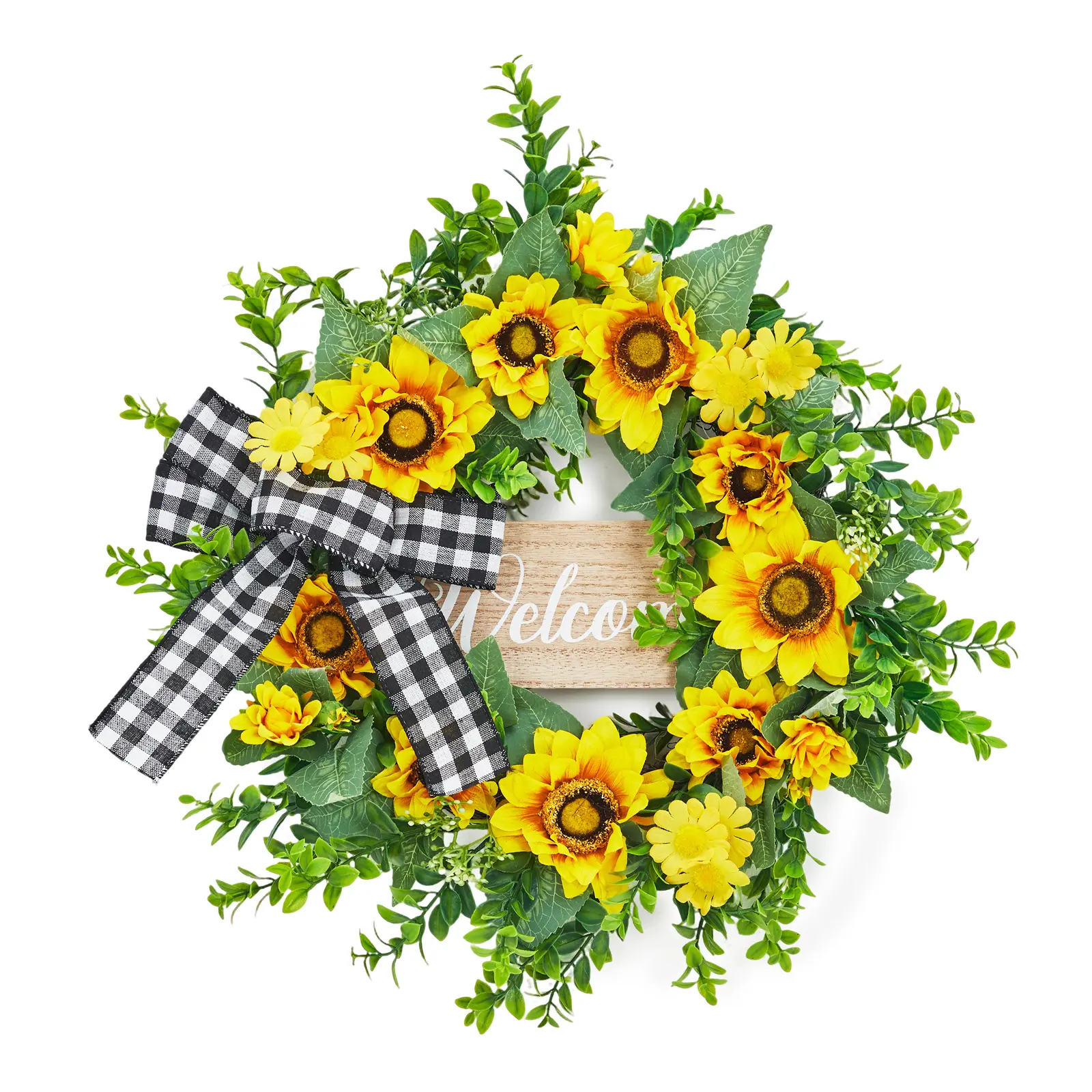 20 Inch Rustic Welcome Floral Wreath, Artificial Golden‑Yellow Blossoms, Buffalo Plaid Bow and Hanging Wooden Sign, Farmhouse‑Style Decoration for Front Door, Porch, Wall and Window