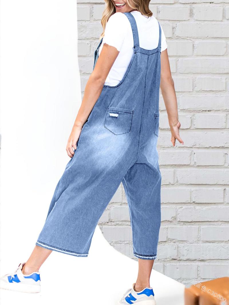 Chouyatou Women Loose Adjustable Strap Denim Bib Overall Jeans Distressed Wide Leg Baggy Overalls Jumpsuit