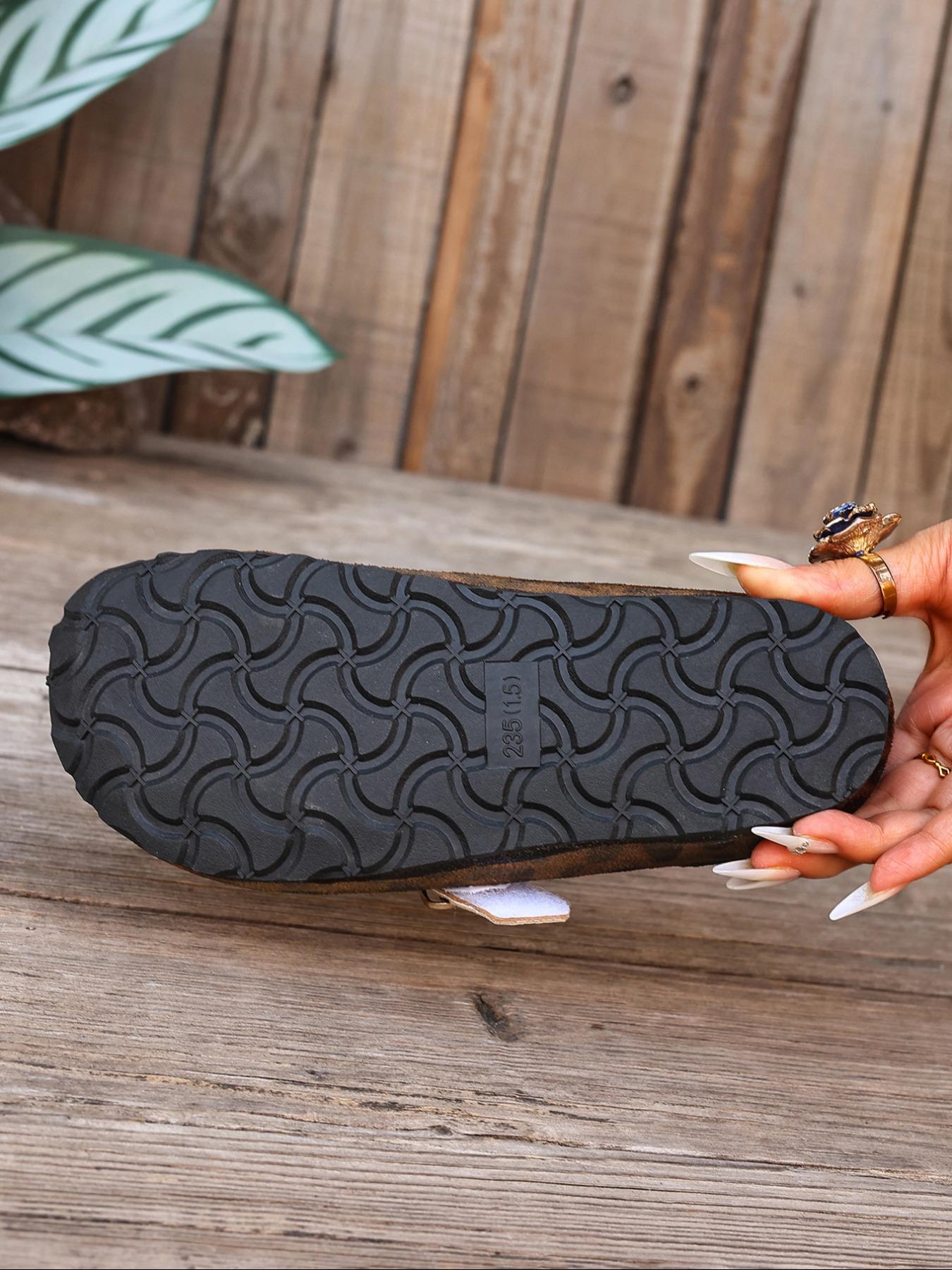 Women's Leopard Print Suede Mule Slippers, Metal Buckle Thick Sole, Retro Casual Half Slipper, Comfortable All Season Shoes