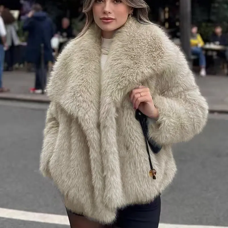 Women's Solid Color Faux Fur Fuzzy Jacket, Casual Long Sleeve Collared Fuzzy Coat for Fall & Winter, Warm Women's Clothing for Daily Wear, Everyday Cute Tops