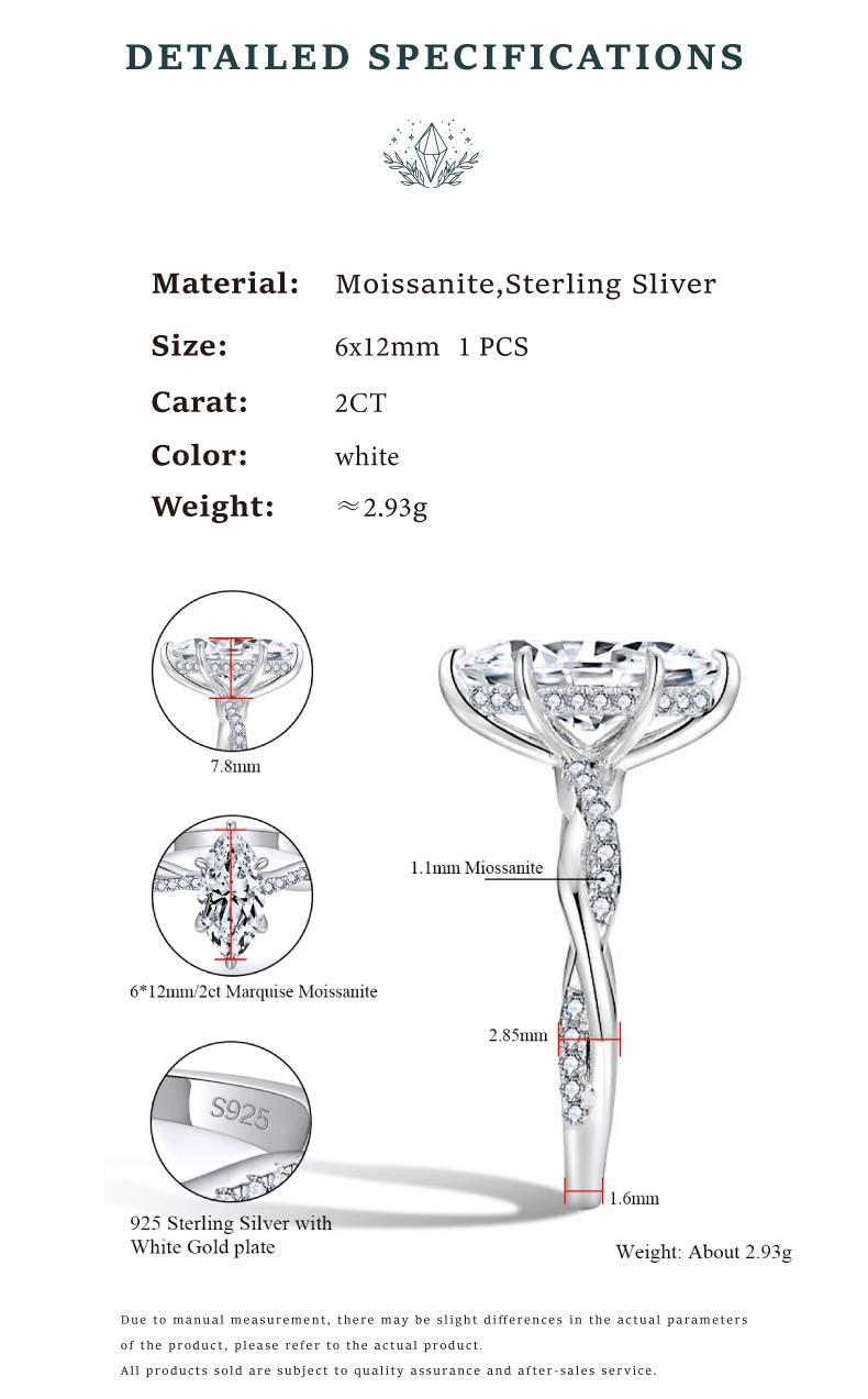 MOI MART 2CT Marquise cut Synthetic Moissanite ring, Engagement Ring in s925 sterling silver, Luxury and Anniversary Stackable Wedding Band jewelry