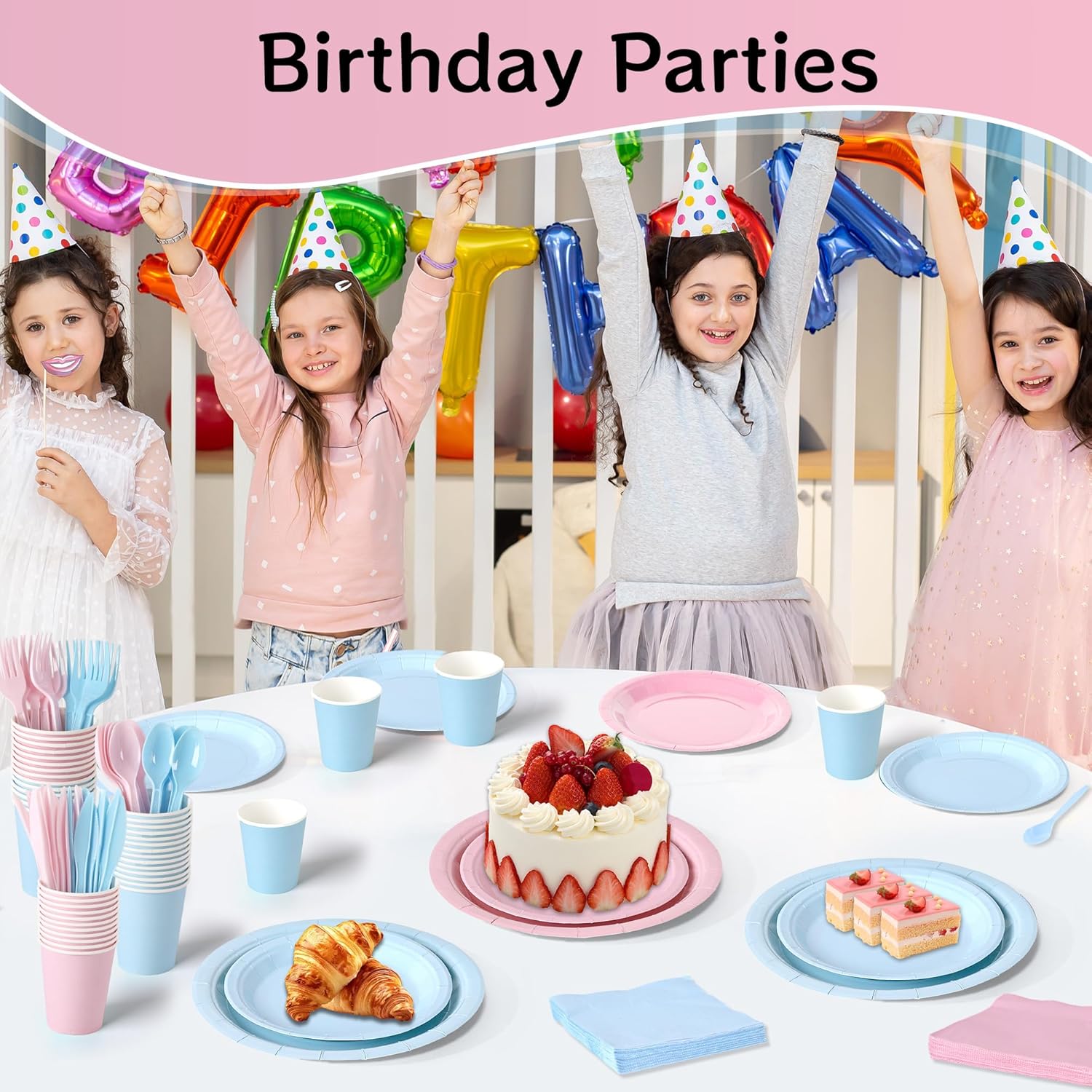 350 count  Plates and Cups Set, Light  and Light Blue 7 Inch and 9 Inch Paper Plates with 9 oz Cups, Napkins and Plastic Cutlery for  Party