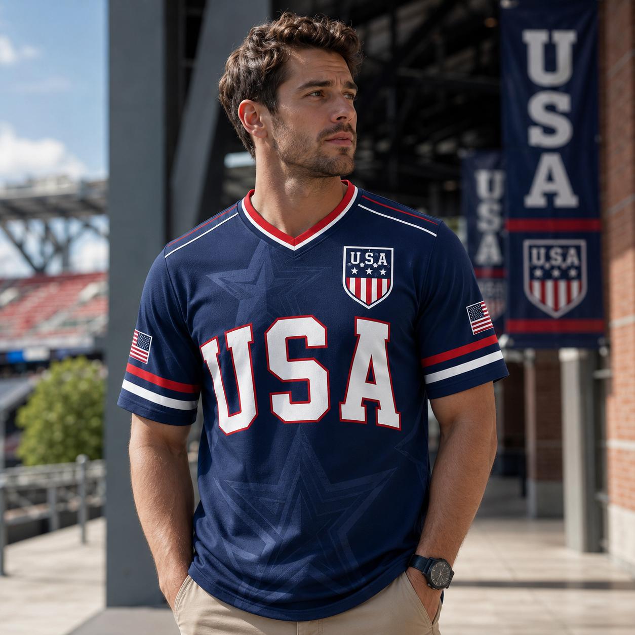 USA Soccer Jersey Men Women Navy Patriotic American Flag Football Shirt Statue of Liberty Graphic V Neck Sports Tee Red White Blue Stars Stripes Short Sleeve Athletic Top 4th of July Independence Day Fan ApparelUSA Soccer Jersey Men Women Navy Patriotic A