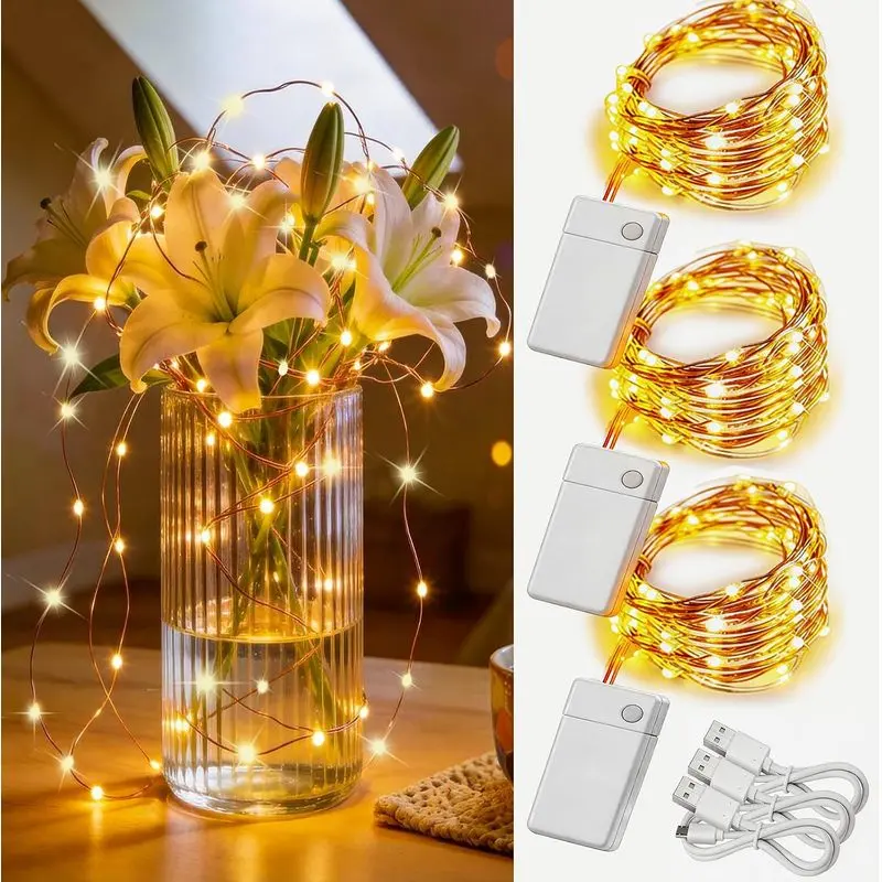 Outdoor sports 3 Pack Rechargeable Fairy Lights 10ft 30 LED, 4 Modes Battery Copper Wire String Light, Micro Firefly Starry Lighting for Wedding Party Bedroom Decor, Warm White