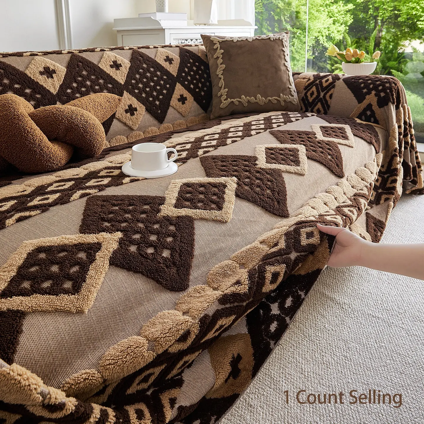 Boho Style Plush Sofa Cover, Pet-Friendly, Stain-Resistant, Reusable, All-Season, Home Decor for Living Room, Bedroom, Office