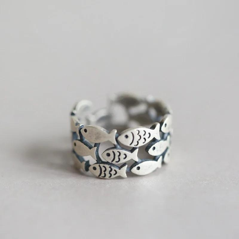 Vintage Silver Color Fish Couple Rings for Women Lover Fashion Creative Adjustable Opening Finger Ring Jewelry Valentines Day