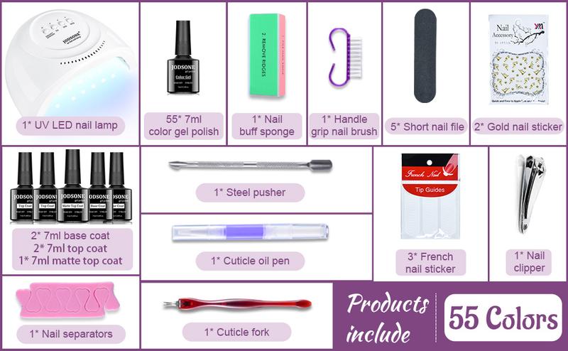 JODSONE 60 PCS Gel Nail Polish Kit with U V Light Base and Matte Glossy Top Coat Nail Gel Polish Soak off Manicure Accessory Tools Suitable for All Seasons