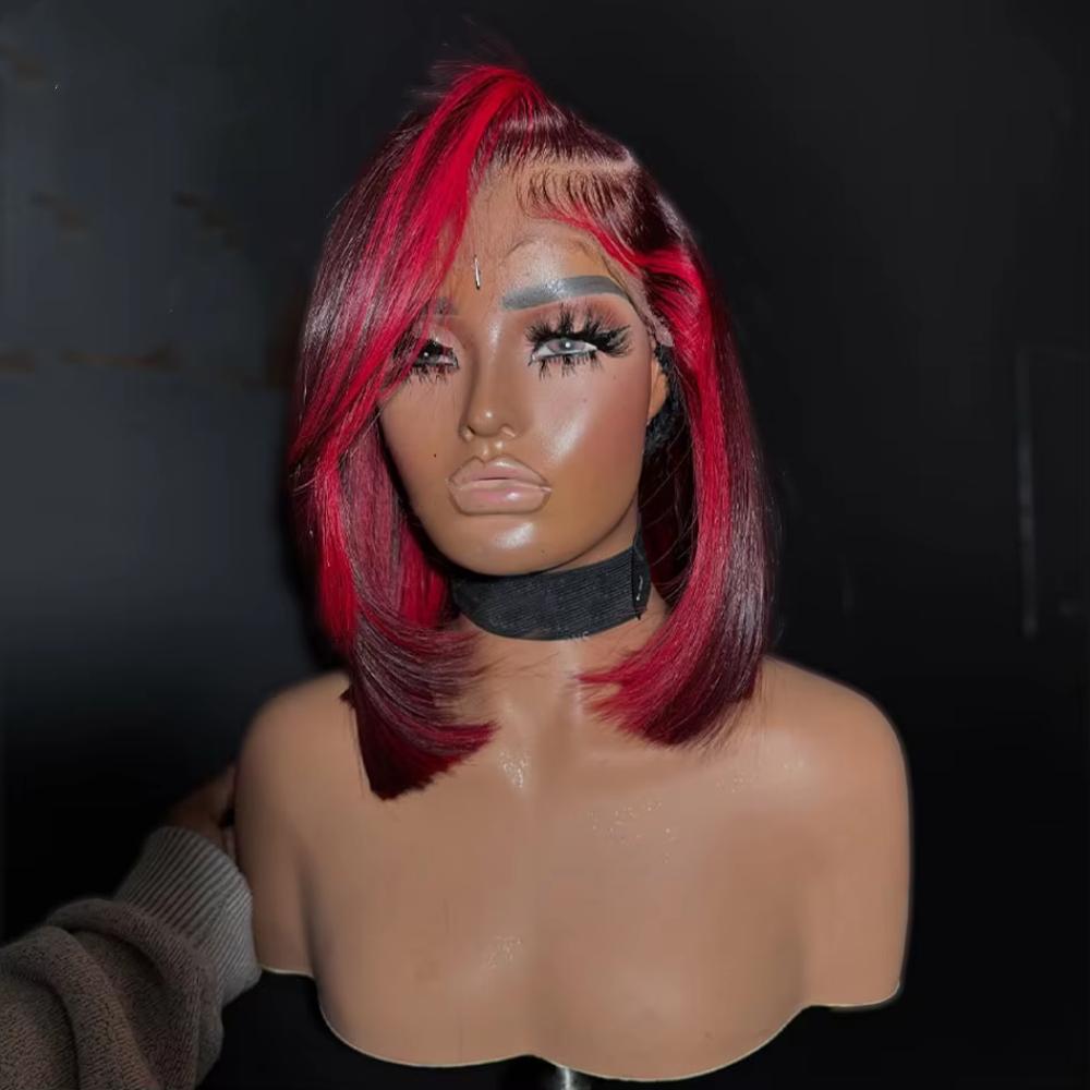 Highlight Red 99J Bob Wig Human Hair 180 Density 13x4 Lace Frontal Wigs for Women Red Highlight Burgundy Transparent Lace Frontal Straight Short Bob Wig Human Hair Wigs Pre Plucked SpringStatements