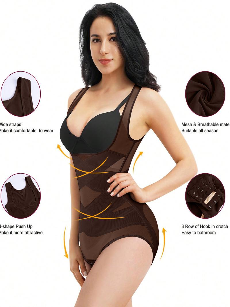 Women's High Elastic Breathable Mesh Cross Waist Shapewear, Lightweight Belly Control Corset, Classic Round Neck Chest Support One-Piece