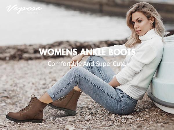 Vepose Women's 25 Combat Ankle Boots Fashion Lace up Inner Zipper Booties  Water Proof Classic Shoe Leather Casual Girl Footwear Bota Knee Black