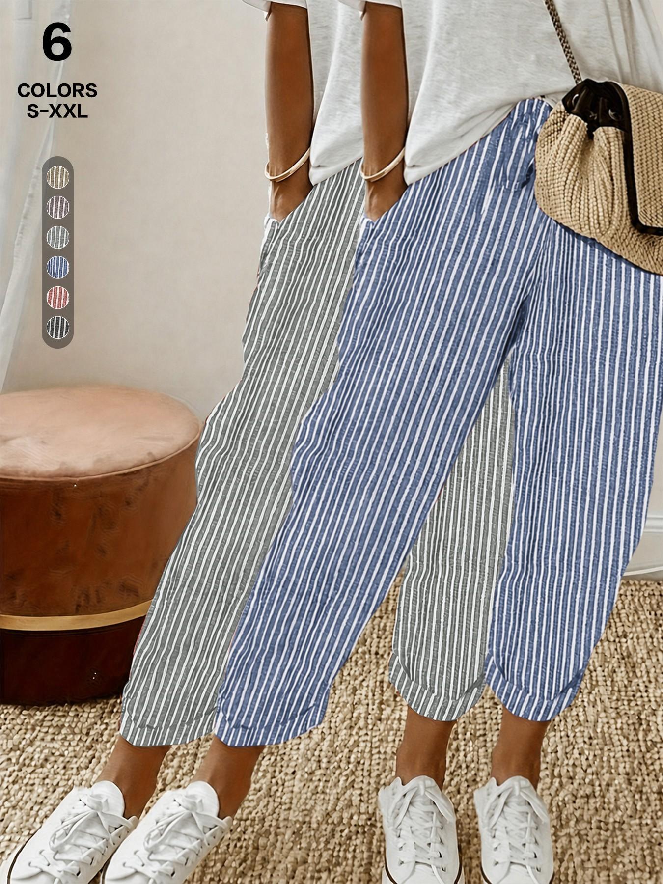 Women 2026 New Arrival Vertical Striped Linen Blend Cropped Pants, High Waist Drawstring Cuffed Casual Capri Trousers with Pocket, Summer Loose Fit Beach Everyday Jogger Pants, All Season, Casual Style Bottoms