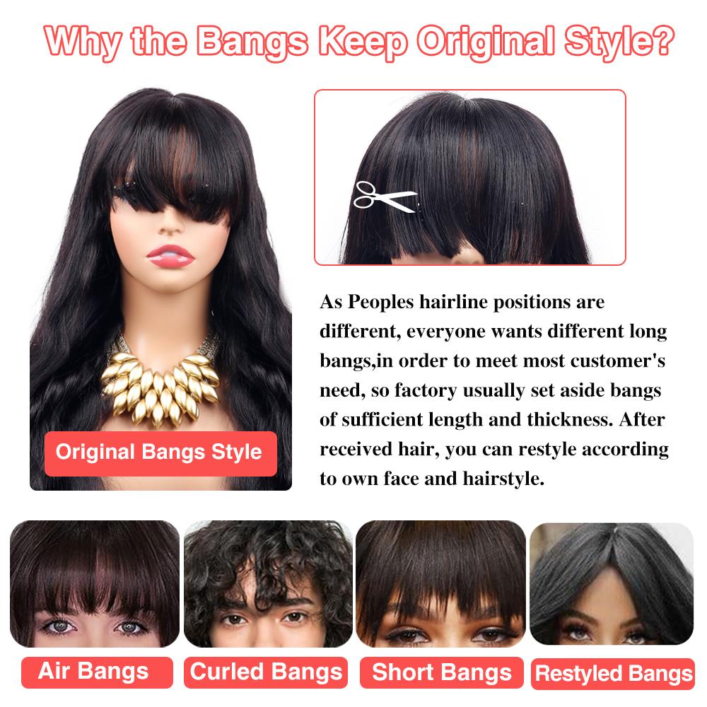 STERLY Glueless Human Hair Wig with Bangs 180% Density 2x4 lace Closure Wigs Middle Part Lace Wig Loose Body Wave Machine Made Wigs for Women Yaki Straight Front Wig Brazilian Hair Wigs HD Transparent Lace Wigs