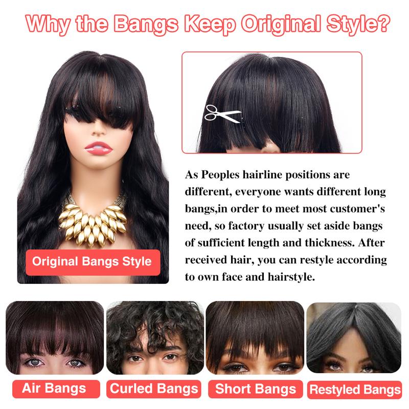 STERLY Glueless Human Hair Wig with Bangs 180% Density 2x4 lace Closure Wigs Middle Part Lace Wig Loose Body Wave Machine Made Wigs for Women Yaki Straight Front Wig Brazilian Hair Wigs HD Transparent Lace Wigs