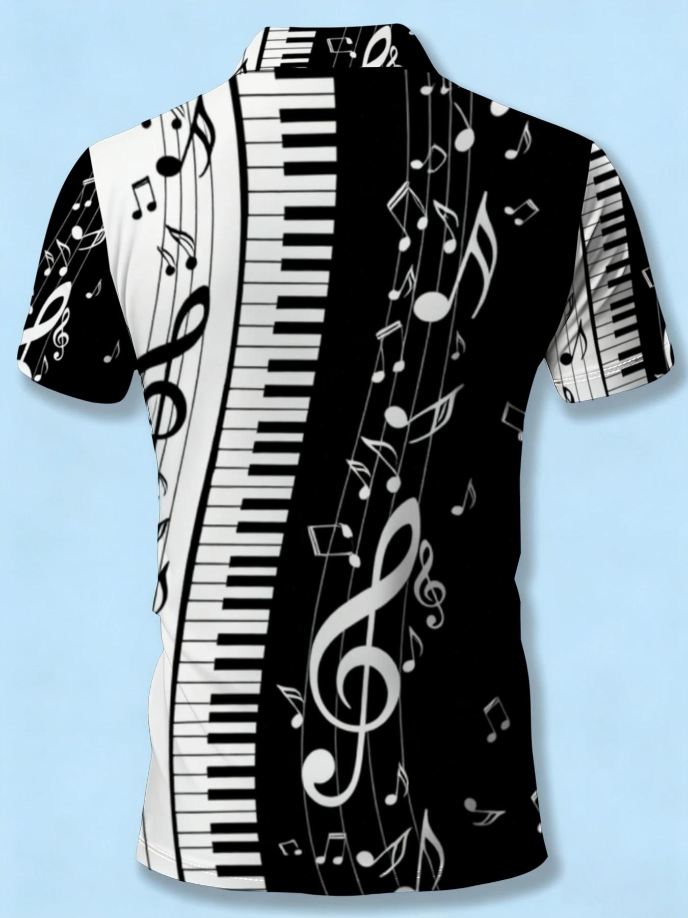 Men's Zipper Polo Shirt with Music Note Print, Summer Trendy Men's Wear, Fashion Piano Keyboard Pattern Top