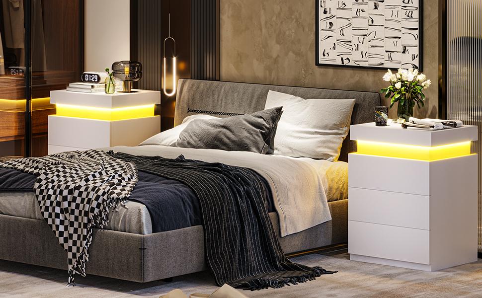Sikaic Modern Nightstand with RGB LED Lights Charging Station 2 USB Ports 2 Outlets White Engineered Wood Rectangular Bedside Table Sliding Top Drawer 29 Modes 15.8"D x 17.7"W x 26.8"H