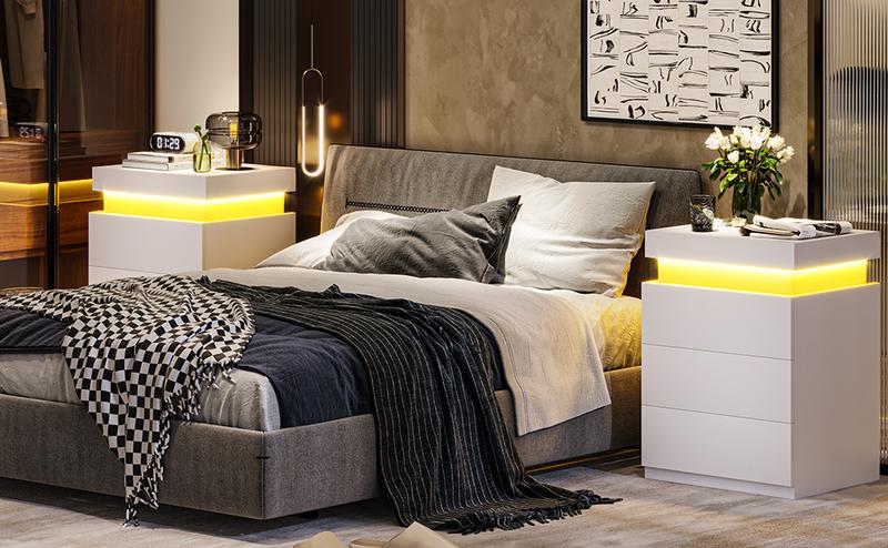 Sikaic Modern Nightstand with RGB LED Lights Charging Station 2 USB Ports 2 Outlets White Engineered Wood Rectangular Bedside Table Sliding Top Drawer 29 Modes 15.8"D x 17.7"W x 26.8"H