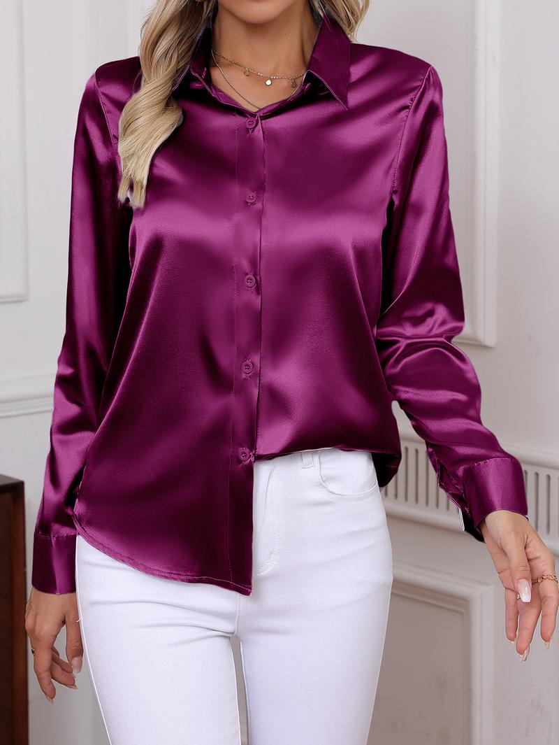 Women's Plain Satin Shirt, Elegant Long Sleeve Button Top for Work Office Business, Ladies Clothes for All Seasons, Womenswear