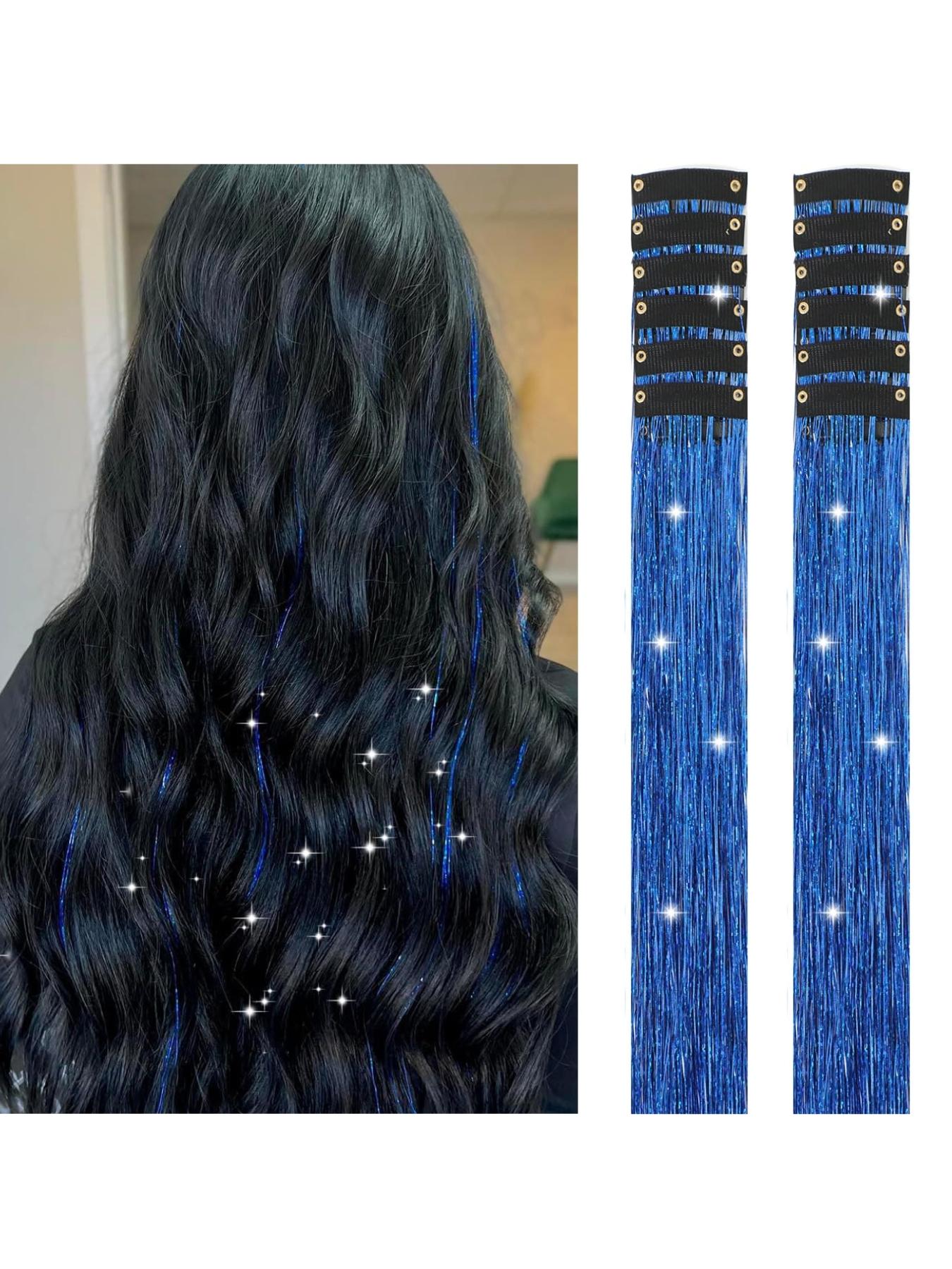 Rainbow Hair Tinsel Pack of 12 Pcs Clip in Hair Tinsel 20 Inch Glitter Tinsel Hair Extensions, Festival Tinsel Fairy Hair Extension Party Dazzle Hair Accessories Strands Kit Clip on Hairpieces
