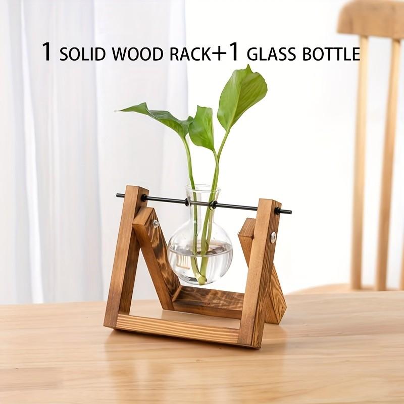 3 Pcs Vase Set, Solid Wood Frame with Glass Vases, Creative Wooden Rack for Spider Plants, Aquatic Plant Decor, Office Desk Decoration, Gift for Friends