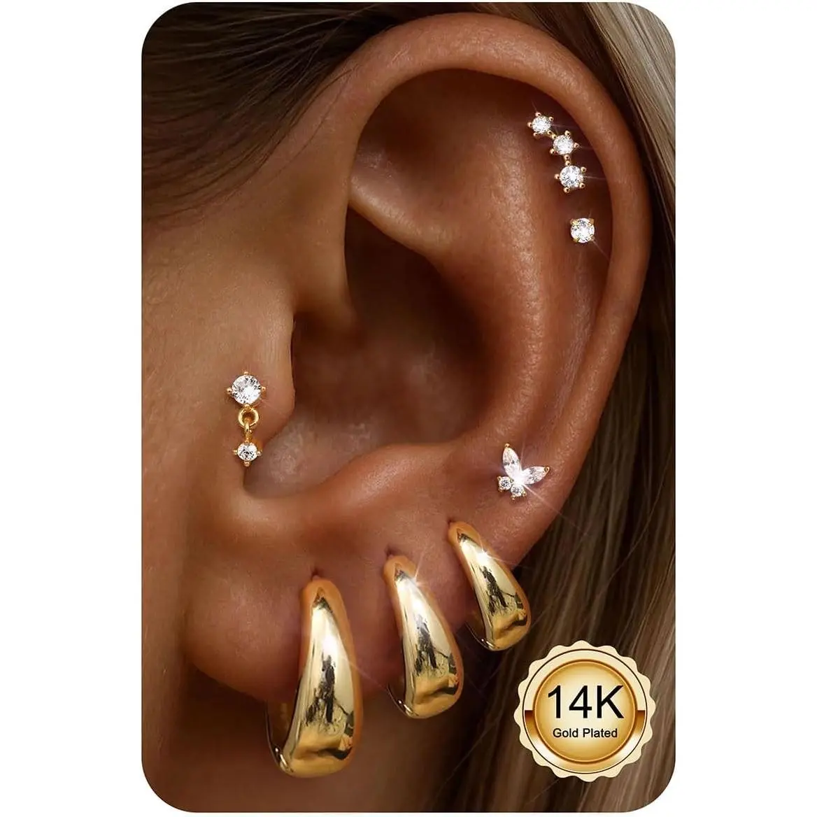 CASSIECA Women's 7-Pair Earring Stacking Set, Hypoallergenic Surgical Steel Small Chunky Huggie Hoops & Flat Back Studs, Metal-Coated Daily Cartilage Jewelry, Trendy Christmas Gift Sohochic
