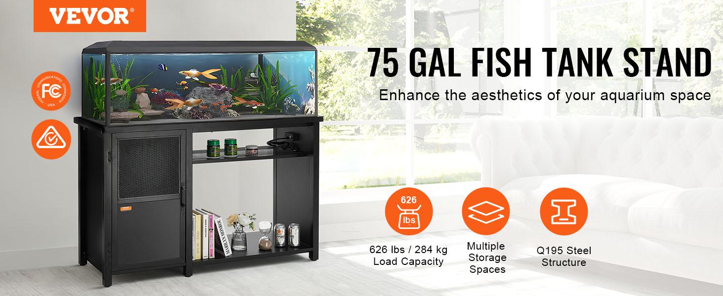 fathersdaygift VEVOR Aquarium Stand, 75 Gallon Fish Tank Stand, 52x 19.7x 32.3 in Steel and MDF Turtle Tank Stand, 626 lbs Load Capacity, Reptile Tank Stand with Storage Cabinet and Embedded Power Panel, Black