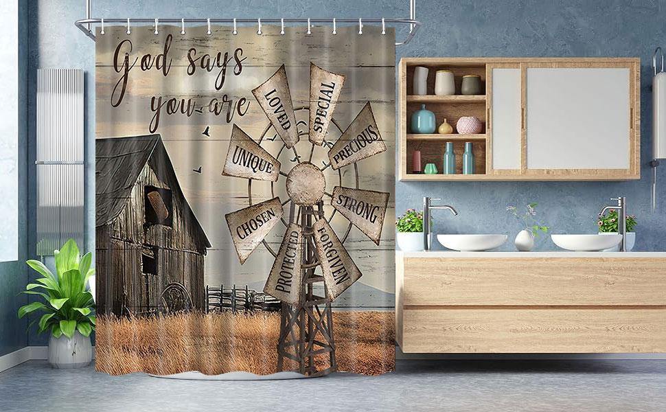 Western Barn Windmill Shower Curtain Sets for Bathroom,Rustic Inspirational Quotes Country Vintage Shower Curtains, Waterproof Farmhouse Bathroom Bathbub Decor Curtains with Hooks 70X70IN