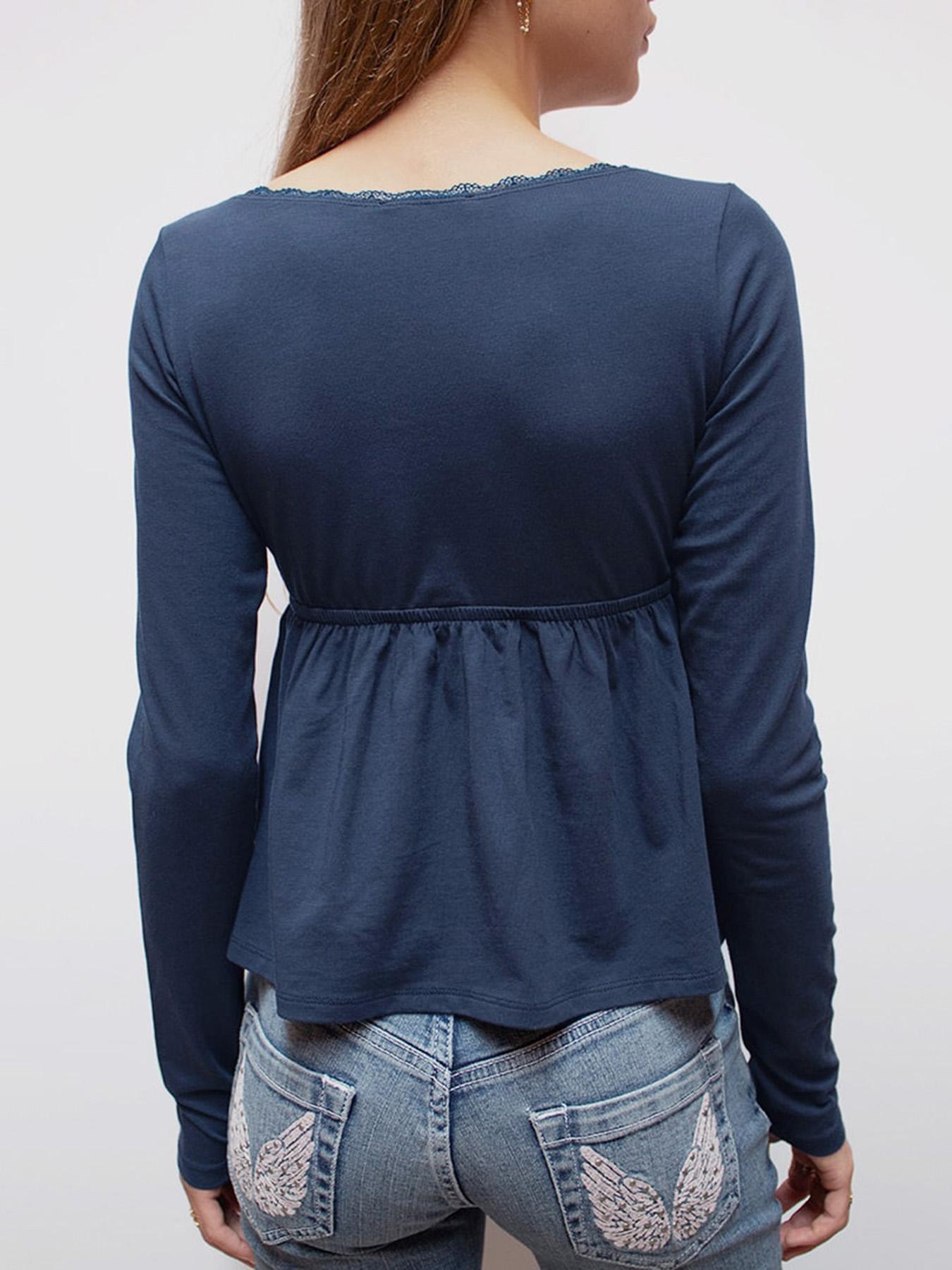 Basic Lace Cross Chest A-Line Knit Tee Blouse, Fall & Winter Fashion, Fitted Plain Design, Versatile Autumn Winter Top