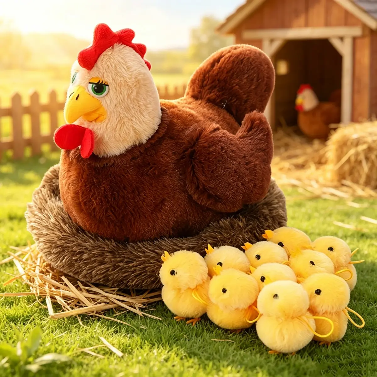 Mother Hen Plush Toy with 9 Little Chicks & Nest, Soft Farm Chicken Stuffed Animal Set, Educational Gift for Kids Boys Girls, Cute Stuffed Animals