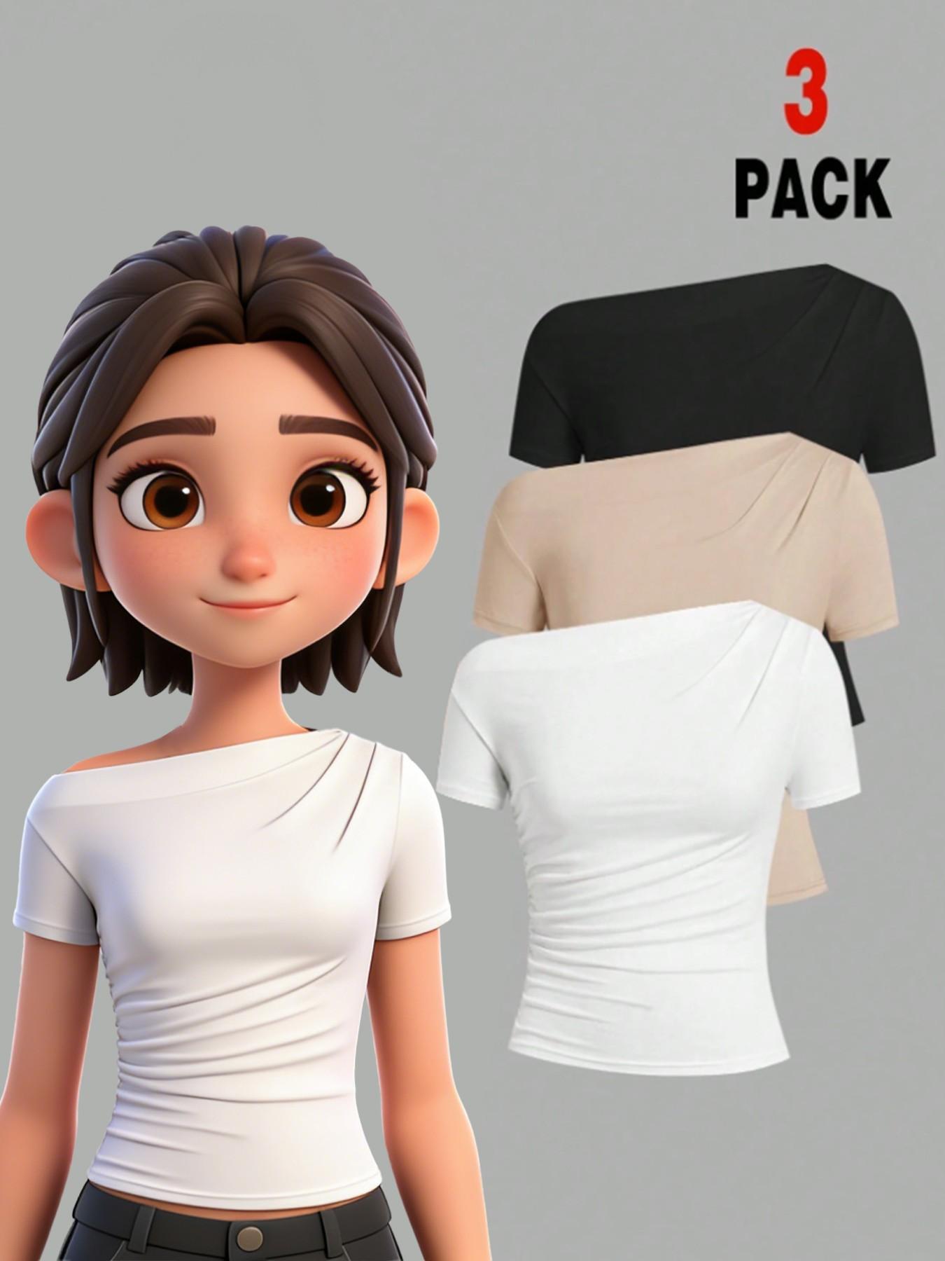 3-Piece Set Teenage Solid Color Asymmetrical Short Sleeve Tops, Elegant Casual Style, Lazy Fashion, Girl's Gift, Easter