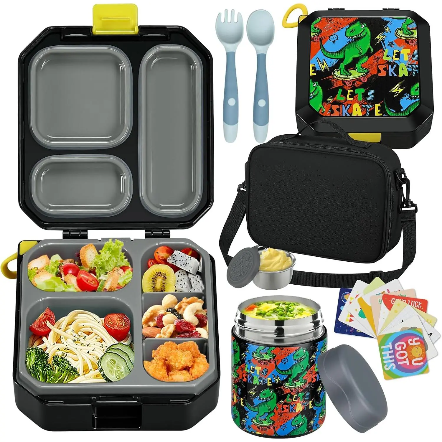 Bento Lunch Box for Kids with 12oz Soup Thermo Leak-Proof Lunch Food Container with 5 Compartment Thermo Hot Food Jar and Insulated Lunch Bag for Kid Toddler Girls Boys to School