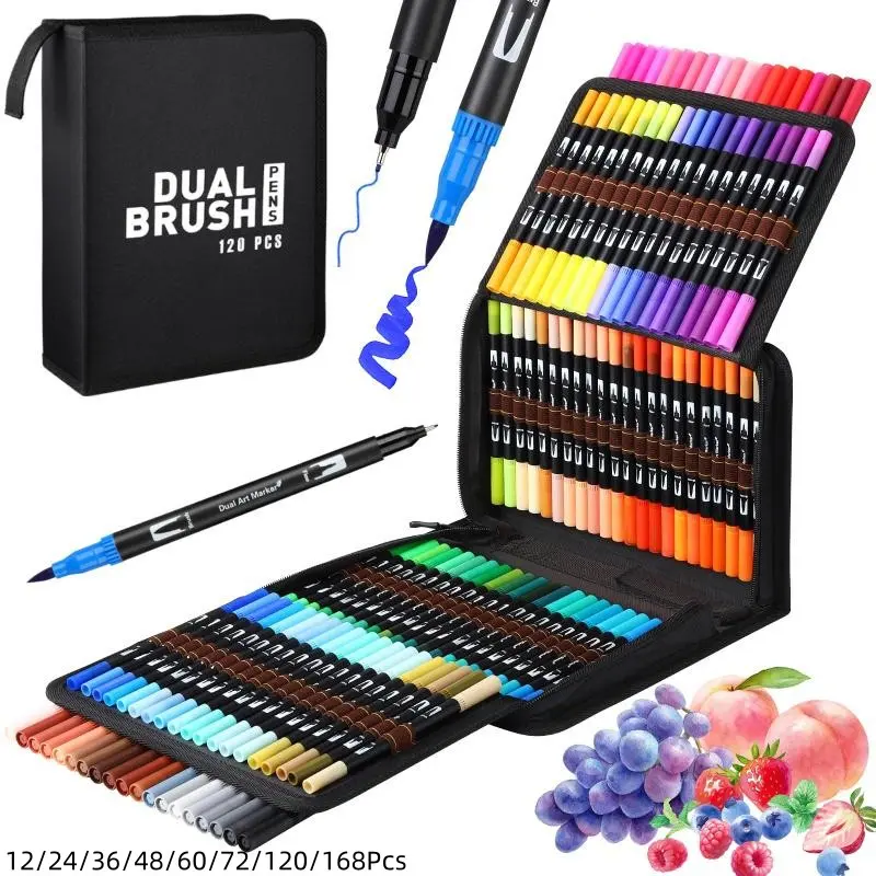 Dual Brush Markers Pens, Artist Coloring Marker Set, Fineliner & Brush Tip Pen with Premium Case for Adults Coloring Books Journal, Drawing, Doodlin, Art Supplies,12/24/36/48/60/72/120/168 Colors, Artistic Supplies