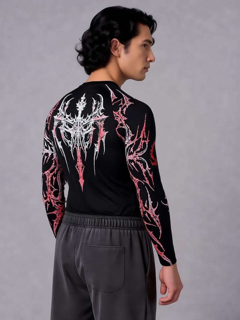 Men's Professional Sports Quick-Dry Fitness Shirt, Gothic Print Long Sleeve, High Elasticity, Round Neck, Moisture-Wicking, Running, Training, Daily Wear, Gym Workout Shirt Men's Professional Sports Quick-Dry Fitness Shirt, Gothic Print Long Sleeve, High Elasticity, Round Neck, Moisture-Wicking, Running, Training, Daily Wear, Gym Workout Shirt