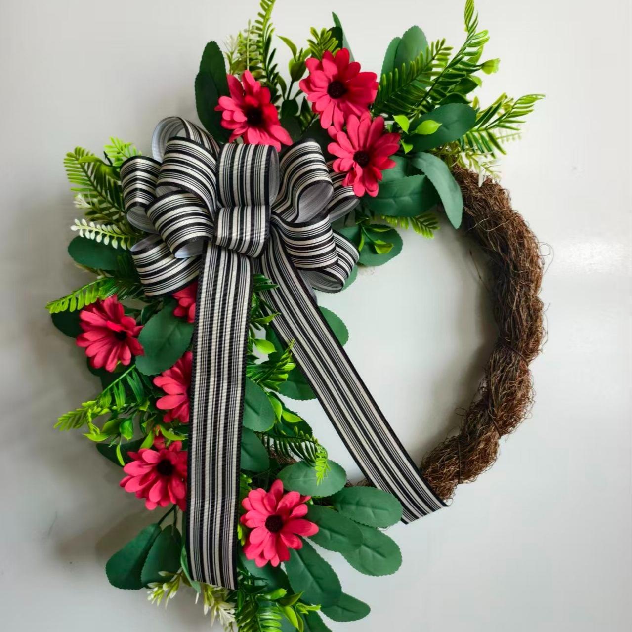 Vibrant Daisy Wreath with Lush Greenery and Striped Bow, Ideal for Porch and Entryway Decor, Perfect for Spring and Summer
