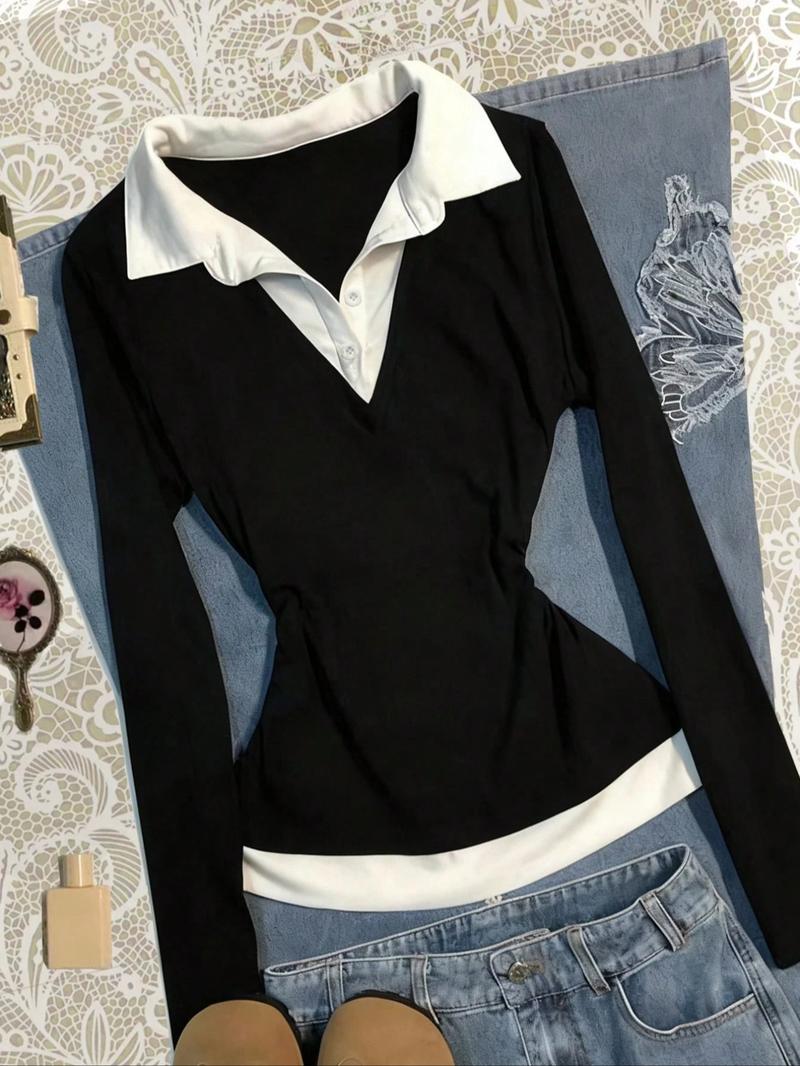 Women's Colorblock patchwork Faux Two-piece Shirt Collar Slim Fit Long Sleeve Top, Simple Comfortable Daily Wear,Versatile Stylish Blouse