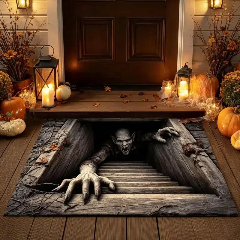 Halloween Optical Illusion Printed Doormat, Flat Spooky Creepy Depth Pattern, Non Slip Welcome Floor Rug for Front Porch Entryway Home Halloween Decor, Multiple Styles Available