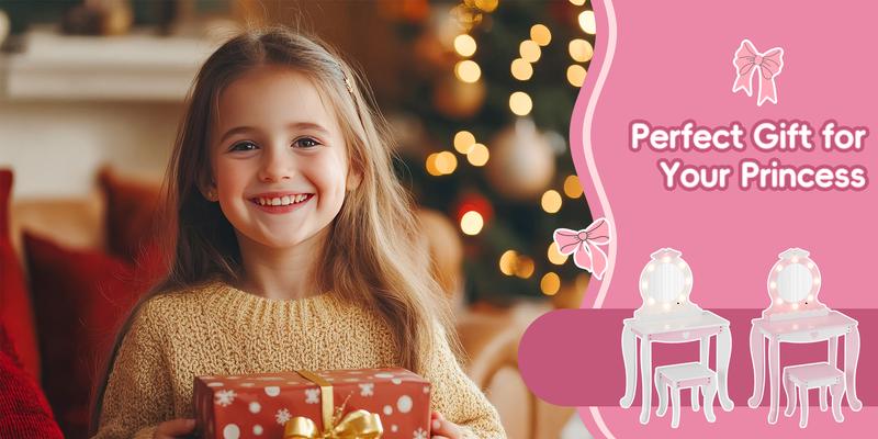 Kids Vanity Set with Lighted Mirror and Stool, Kids Make Up Vanity Desk with Storage Space, Wing Pattern for Little Girls, Toddler Princess Makeup Dressing Table with Chair Set