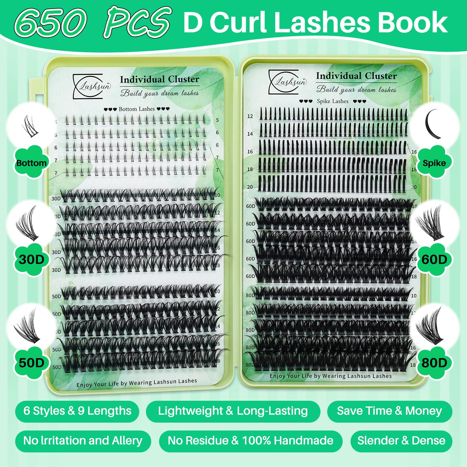 1480PCS/650PCS/640PCS Lash Clusters Kit D Curl 9 Styles Bottom/Spikes/Natural/Anime Lashes Kit with Bond&Seal Lash Remover Brush Lash Applicator Headband Wristband set, Individual Eyelash Kit, DIY Eyelash Kit, Lash Extensions Kit, For Beginners&Proficient