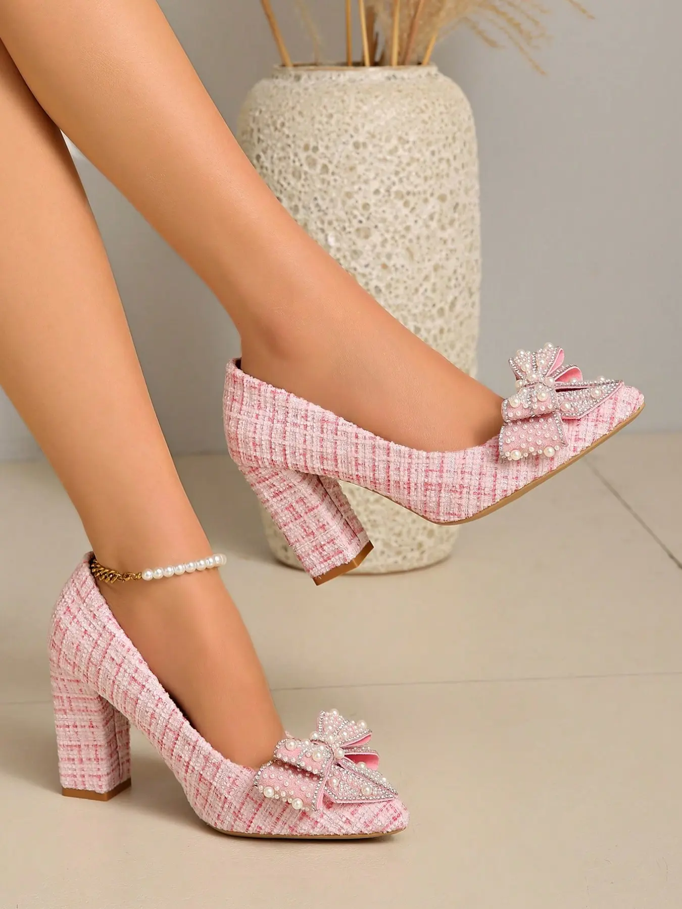 French Style Multi-Color Plaid Pearl Rhinestone Bow Heeled Shoes, Women's Pointed Toe Low Top Wedding Shoes, Elegant High Heels