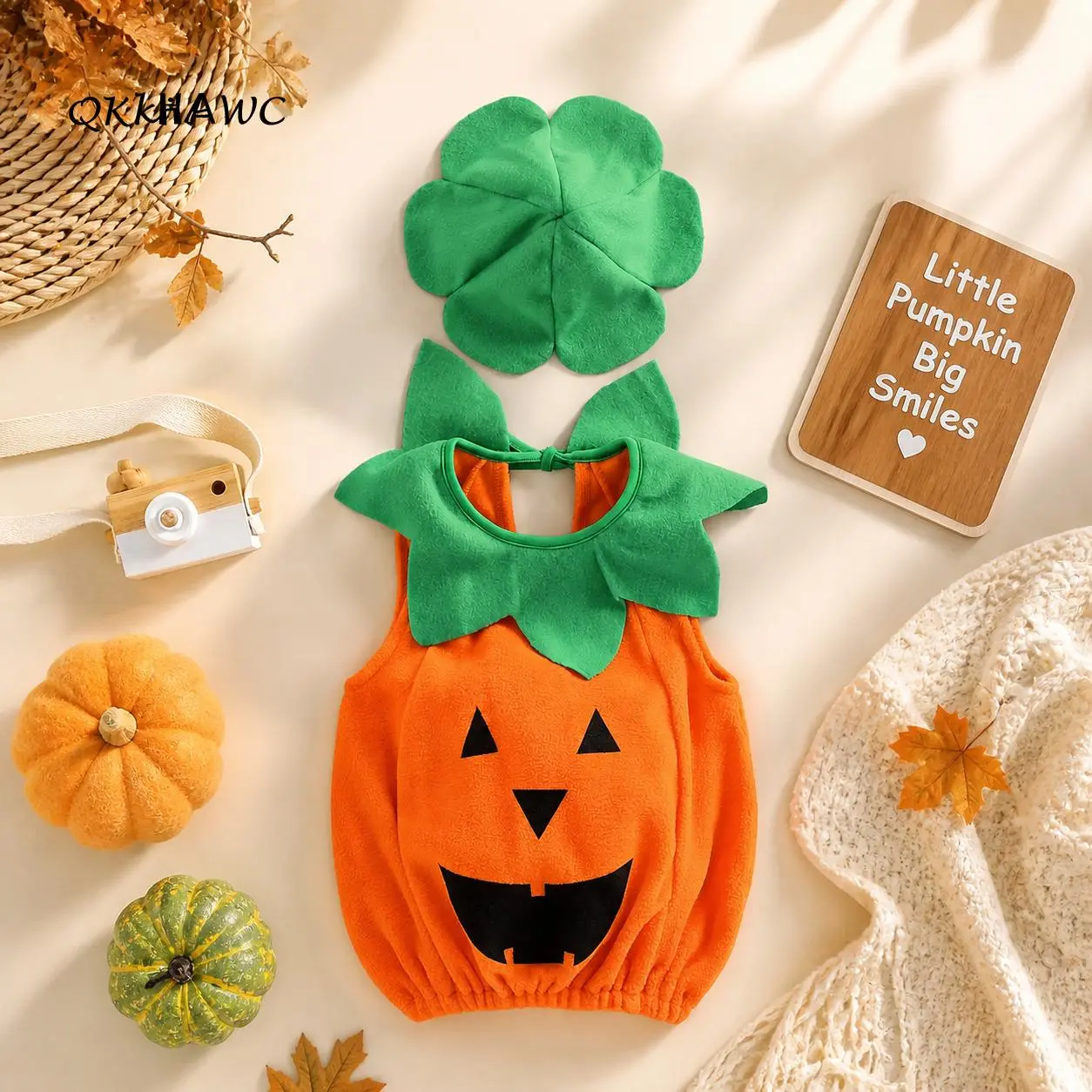 Baby Halloween Pumpkin Costume Set - Sleeveless Pumpkin Lantern Onesie, Leaf Hat, Cute Role-Playing Outfit for 0-3 Years, Ideal for Halloween Party Photos