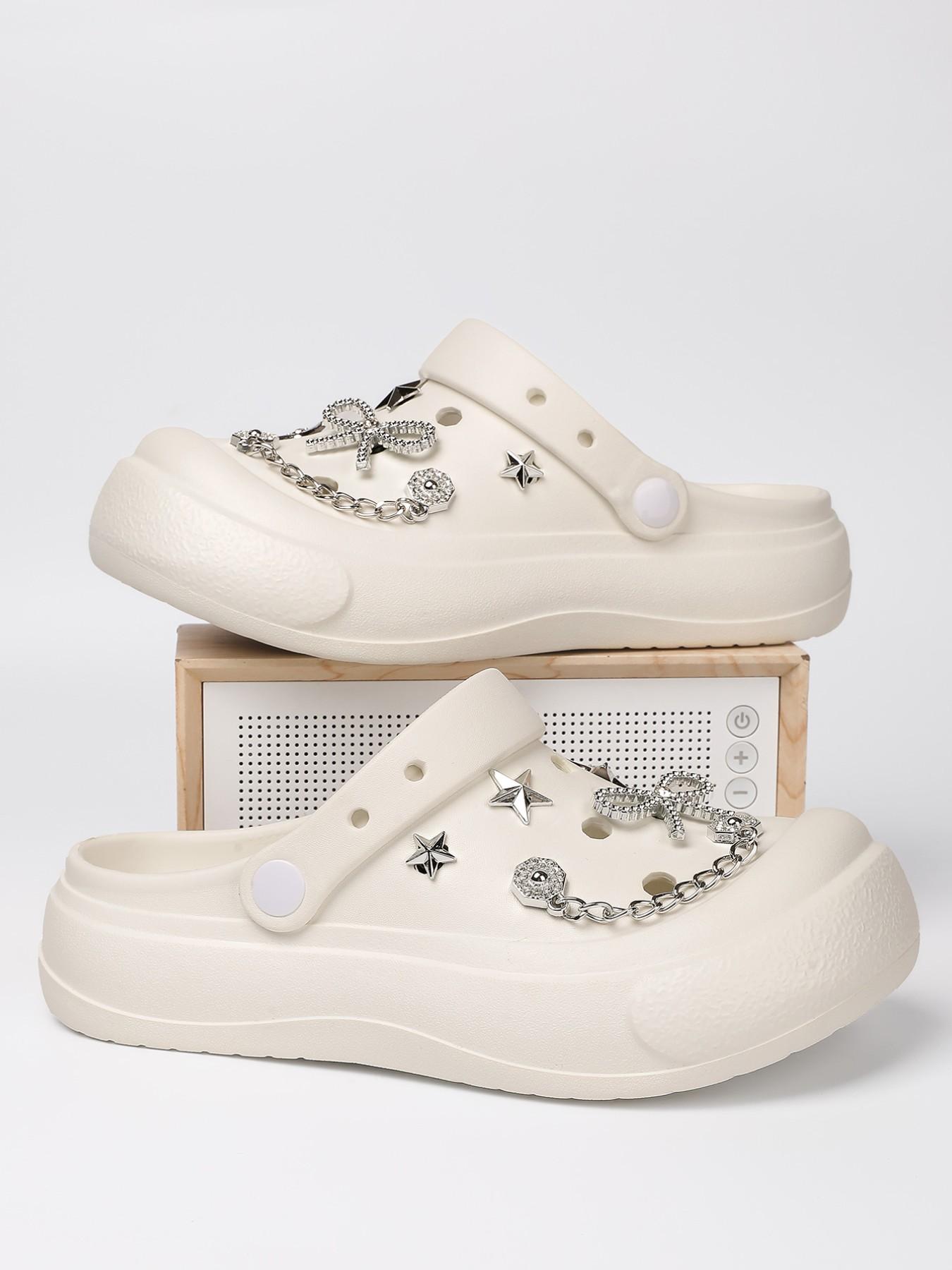 Women's Thick Sole Hole Shoes with Rhinestones and Bow, Unique Design Versatile Outdoor Sandals, Comfortable Eva Material for All Seasons