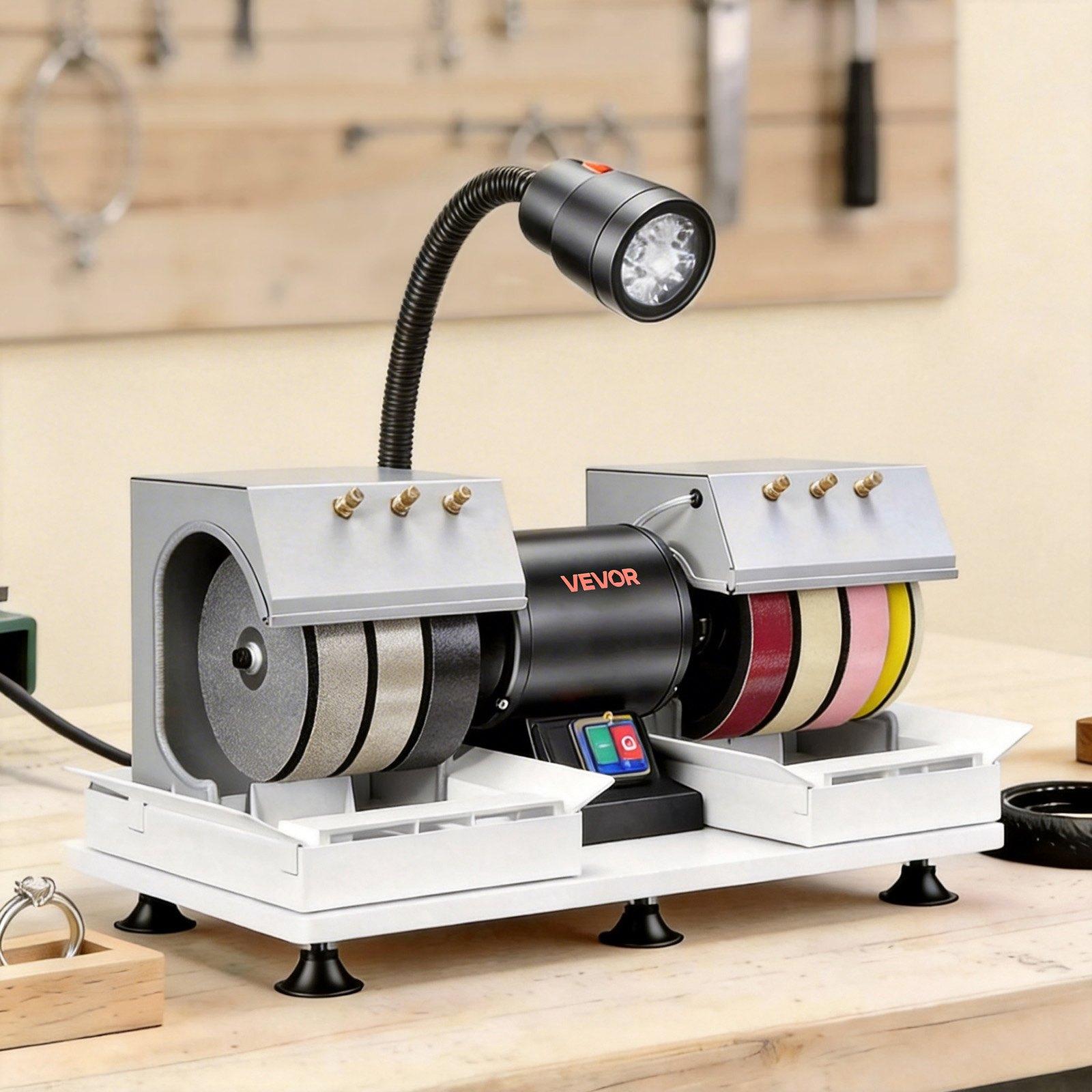 【Summerfinds】VEVOR 8 in VV-JH-8P Cabbing Machine, 3/4 HP (550 W) 1800 RPM Lapidary Rock Grinder Polisher with Diamond Wheels, Resin Wheels, LED Lamp, Water System, Splash Guard, 79 lbs, 29.2x13.4x13.0 in Lapidary Equipment for Gemstone Work, 29.2X 13.4X 1