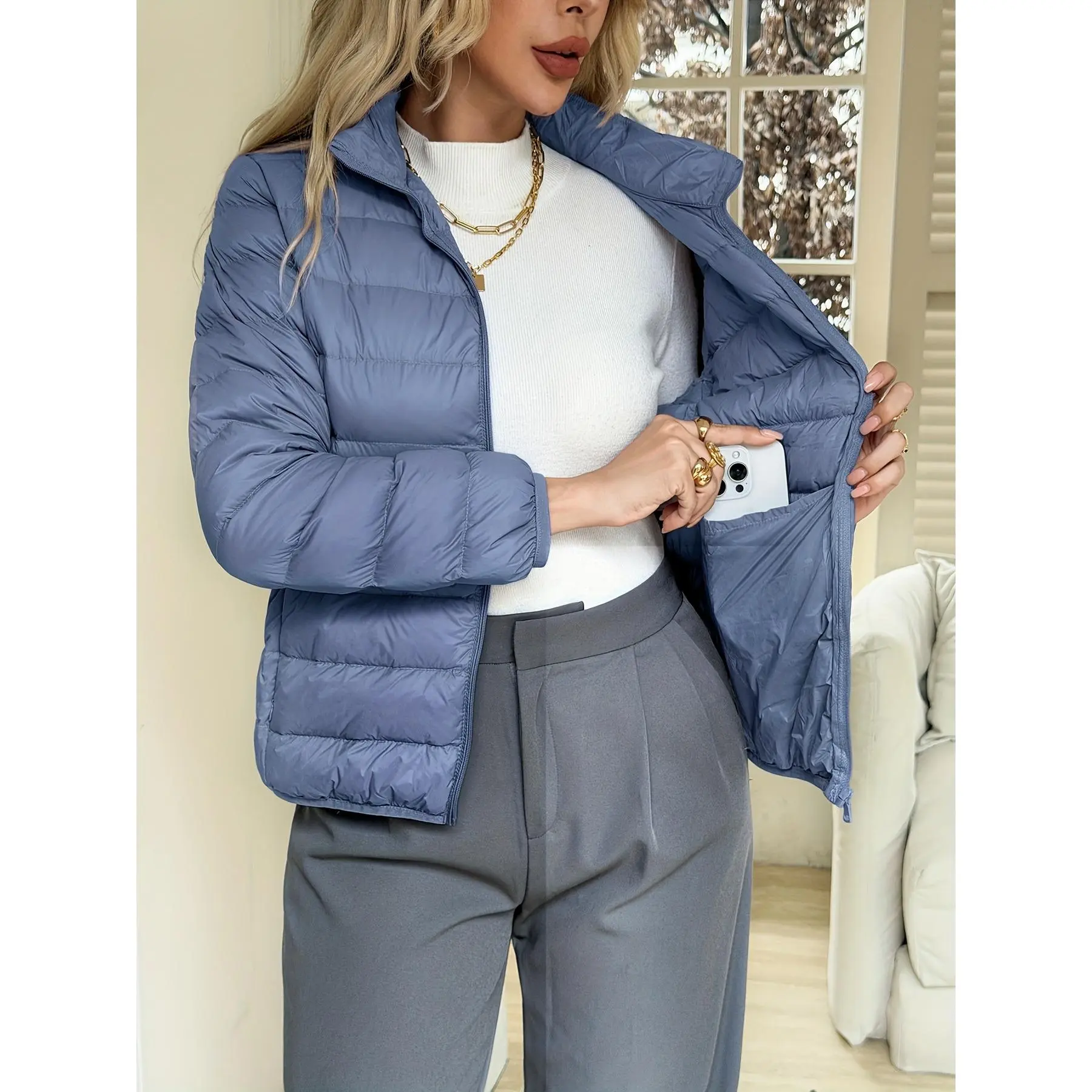 Fashionable Lightweight Warm Down Jacket, Solid Color, Elegant Style, 41g Duck Down, Ideal for Fall/Winter