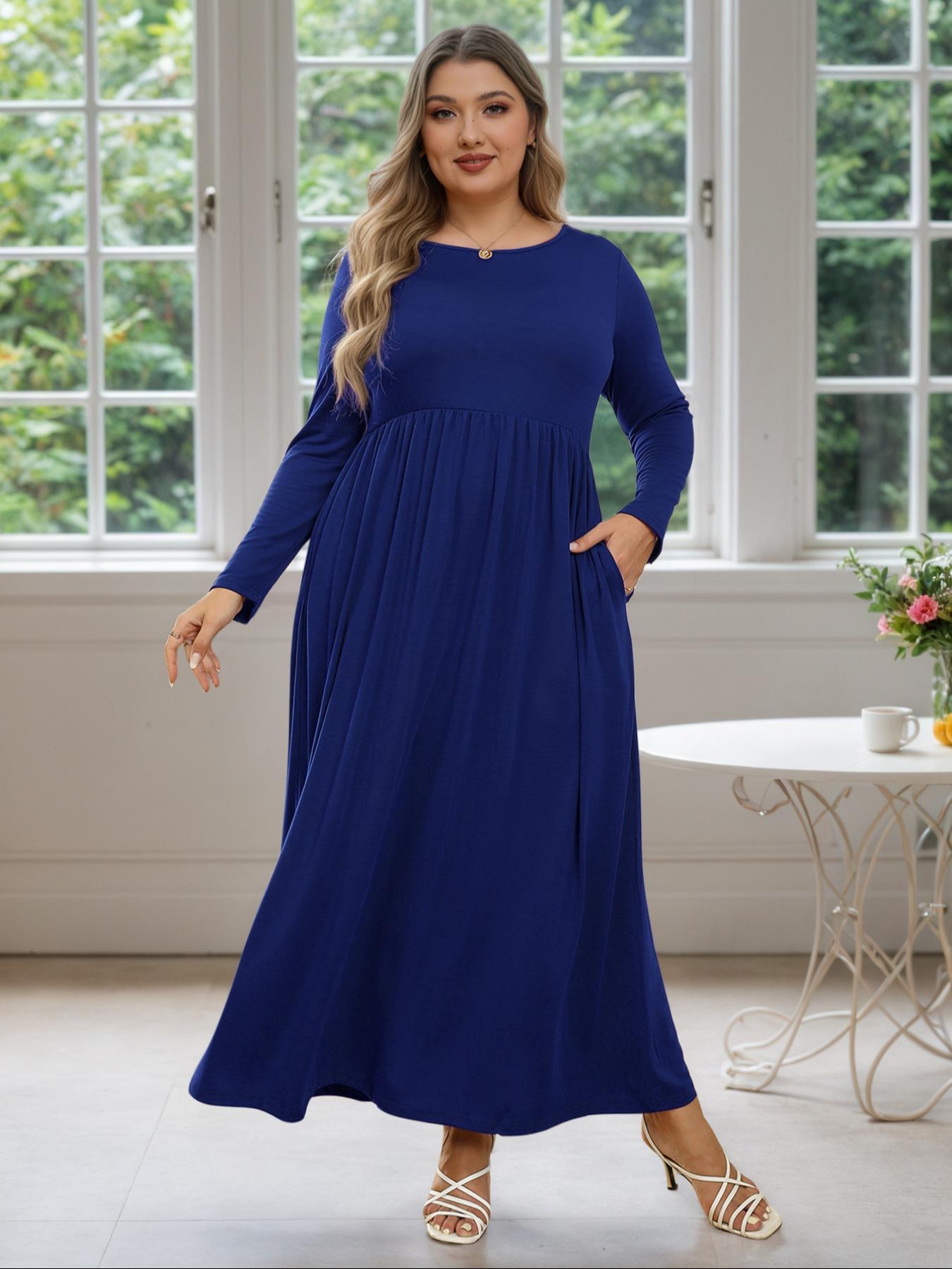 Women's Round Neck Stretchy Casual Maxi Long Plus Size Dress, Perfect for Bridesmaids, Vintage Style Wedding & Party Wear, Comfortable Fabric