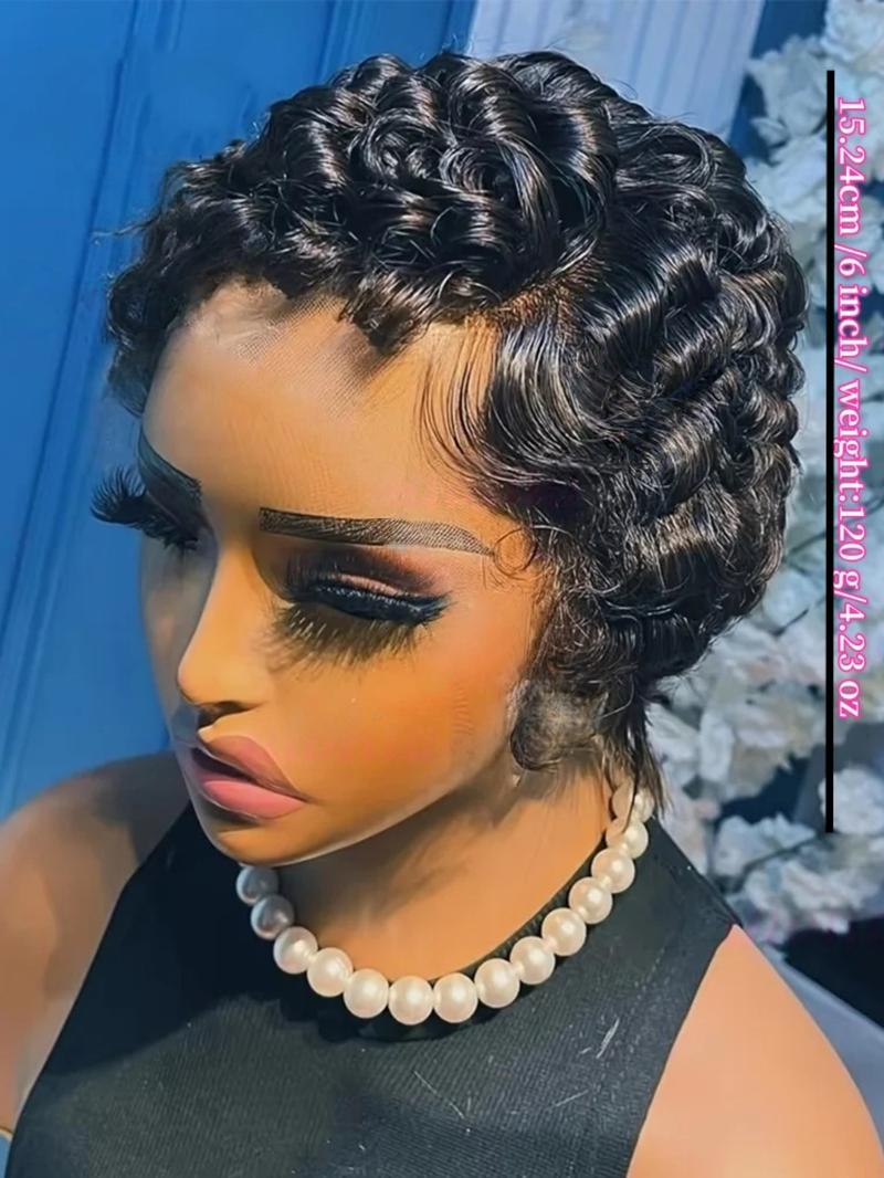 Pixie Curls 13x4 Lace Front Wigs, Short Bob Human Hair Wig for Women, 180% Density Curly Wavy Hair, 6 Inches Pixie Cut
