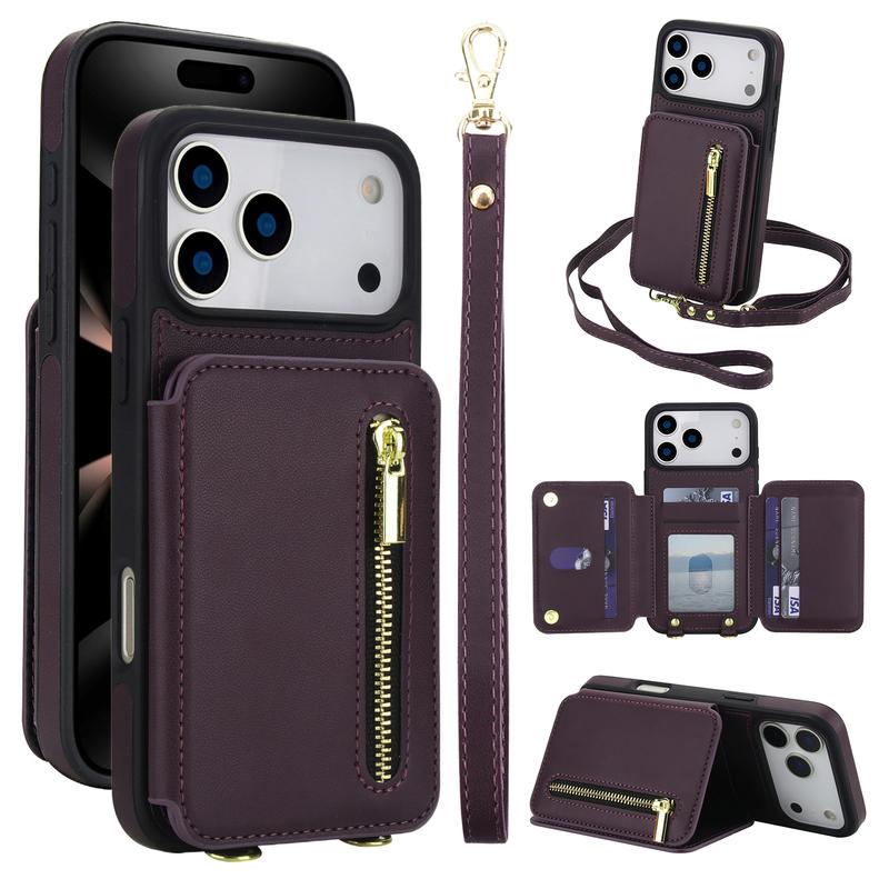 OREKROY Crossbody Wallet Case for iPhone 17 16 15 Pro Max Plus 14 13 12 11 Pro Max PU Leather RFlD Blocking Cash Holder Card Wallet,Flip Stand Protective Cover Crossbody Lanyard Strap Wristband