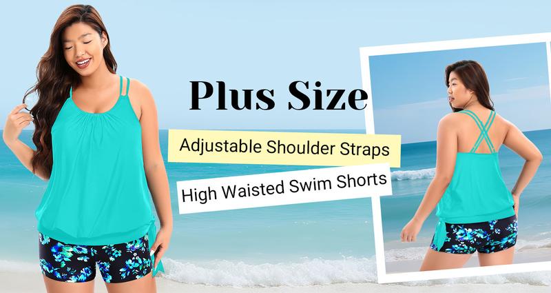 Holipick Women Plus Size Two Piece Tankini Swimsuit Tummy Control Bathing Suits Blouson Tankini Top with Boy Shorts