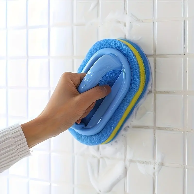 Ergonomic Handheld Sponge Shower Cleaner, Dual Color Design, Multi-Functional Manual Brush for Bathtub, Kitchen, Bathroom, Tile, Pots, Stains, Sponge With Handle