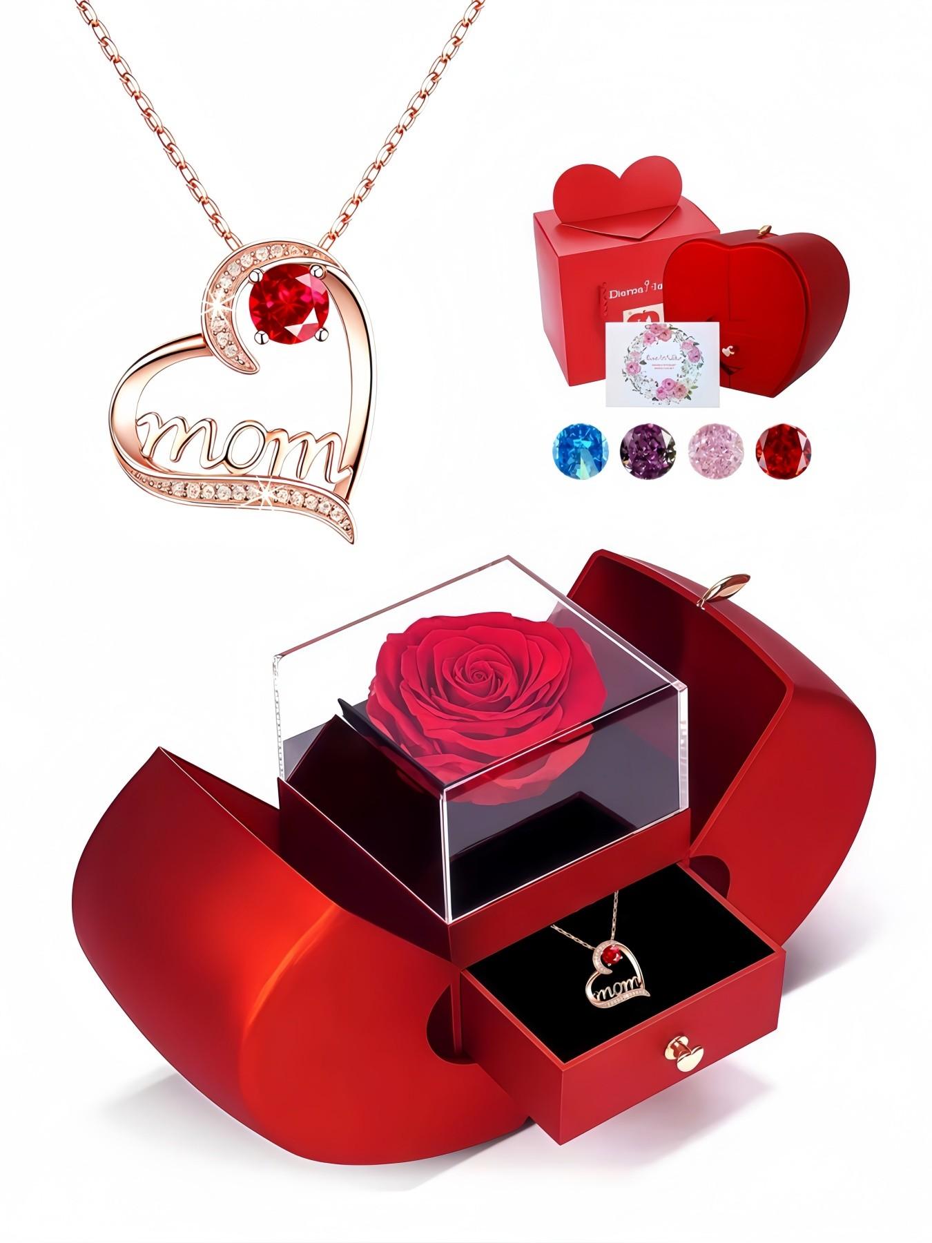 Eternal Maternal Love • Mother's Day Necklace Heart-shaped MOM rose gold gem necklace with light luxury and premium feel.Paired with an apple-shaped preserved rose jewelry gift box.Perfect gift for birthdays, Mother's Day, Valentine's Day and Christmas.