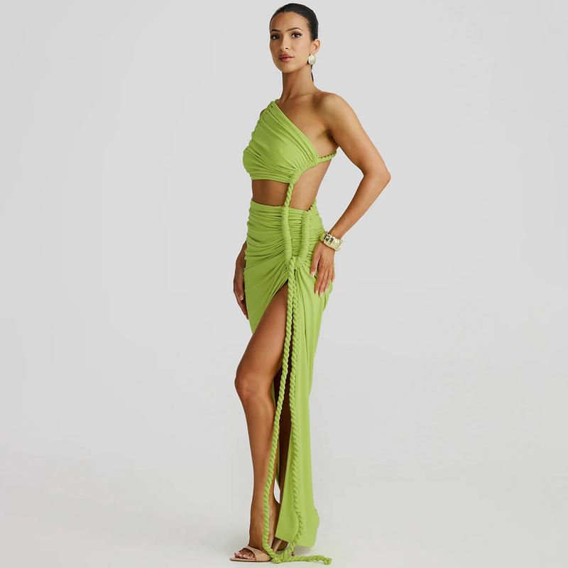Asymmetric Braided Strap High Slit Maxi Dress Women 2025 Summer & Fall New Sexy Casual Elegant Party Club Dating Dress Beach Vacation Outfits Dresses