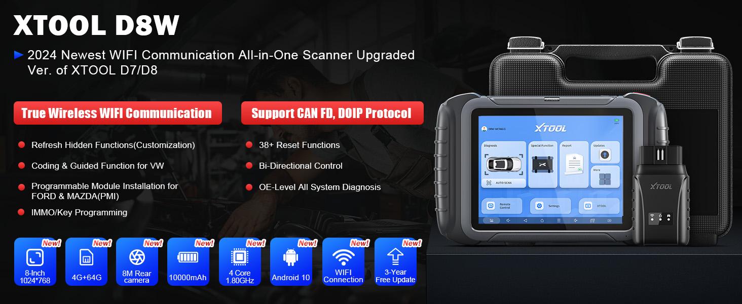 XTOOL D8W Bi-directional Wireless Scanner 3-Year Free Updates, ECU Coding, 38+ Resets & Full Diagnostics Programmer via Wi-Fi